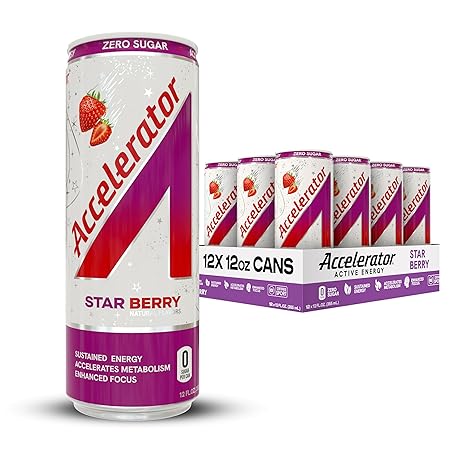 Accelerator Energy Drink Sugar Free, Star Berry 12oz can(12 pack)Zero Sugar Energy Drinks with Sustained Energy from 100% Natural Caffeine (200mg) & Green Tea extract