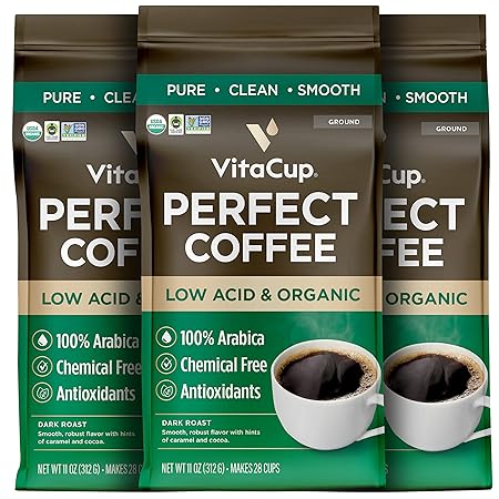 VitaCup Perfect Low Acid Coffee Ground, USDA Organic & Fair Trade, Mycotoxin Free, Dark Roast Guatemala Single Origin, Clean & Pure for Drip Coffee Brewers and French Press, 3 bags, 11oz each