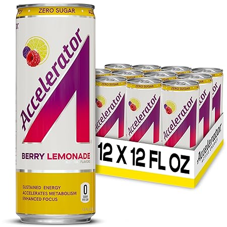 Accelerator Energy Drink Sugar Free, Berry Lemonade 12oz can(12 pack),Zero Sugar Energy Drinks with Sustained Energy from 100% Natural Caffeine (200mg) & Green Tea extract