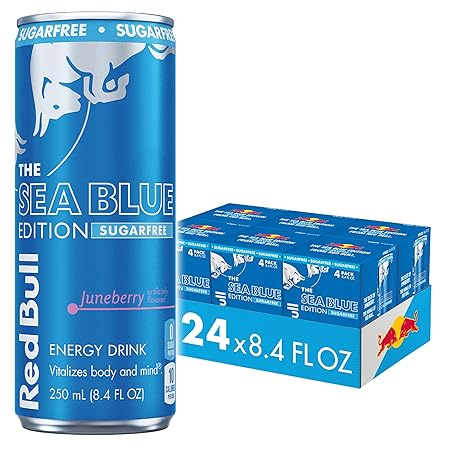 Red Bull Sea Blue Edition Sugar-Free Energy Drink, Juneberry, with 80mg Caffeine plus Taurine & B Vitamins, 8.4 Fl Oz, Pack of 24 Cans (6 packs of 4)