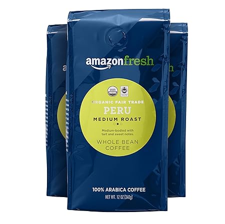 Amazon Fresh Organic Fair Trade Peru Whole Bean Coffee, Medium Roast, 12 Ounce (Pack of 3)