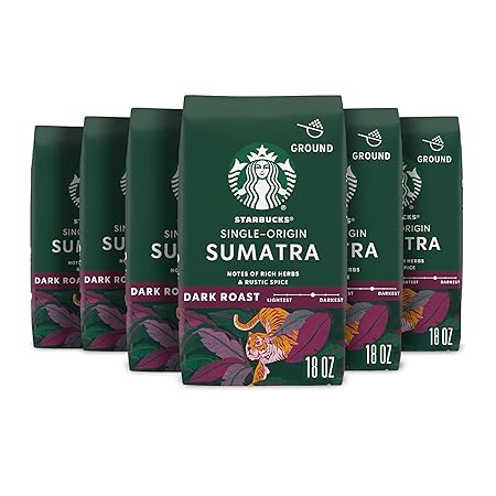 Starbucks Ground Coffee, Dark Roast Coffee, Sumatra, 100% Arabica, 6 bags (18 oz each)