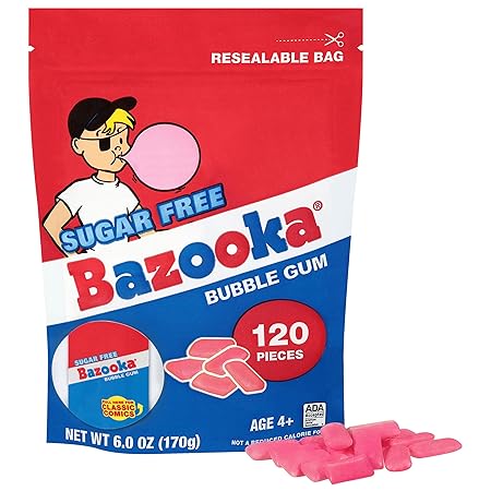 Bazooka Bubble Gum Sugar-Free Chewing Gum Pellets, Bulk Gum in Resealable Bag, 120 Ct in Original Pink Flavor, Sugar Free Bulk, Baseball Party Favors, Nostalgic 90s Candy