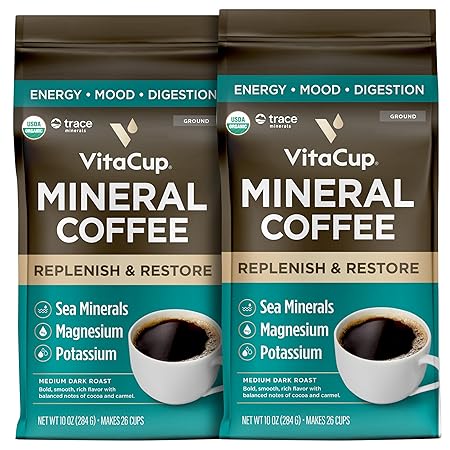 VitaCup Mineral Coffee with Trace Minerals, Hydrate, Replenish & Restore w/All Natural Sea Minerals, Electrolytes, Organic Coffee, Single Origin, Medium Dark Roast, Ground Coffee, 2 Bags 10oz Each