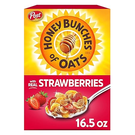 Honey Bunches of Oats with Strawberries Breakfast Cereal, Strawberry Cereal with Oats and Granola Clusters, 16.5 OZ Box