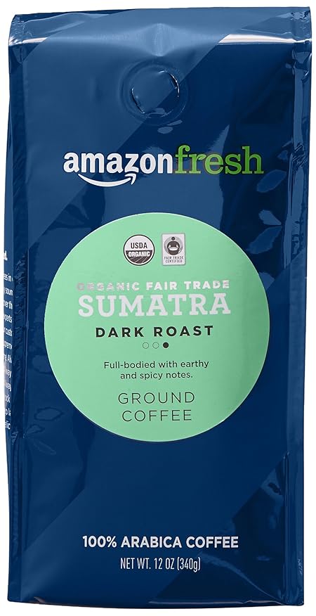 Amazon Fresh Organic Fair Trade Sumatra Ground Coffee, Dark Roast, 12 Ounce