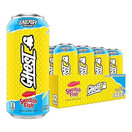 GHOST Energy Drink - 12-Pack, Swedish Fish, 16oz Cans - Energy & Focus & No Artificial Colors - 200mg of Natural Caffeine, L-Carnitine & Taurine - Gluten-Free & Vegan