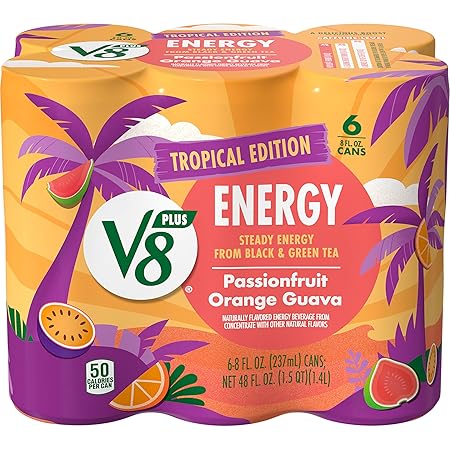 V8 +Energy Passionfruit Orange Guava Juice Energy Drink, 8 fl oz Can (6 Pack)