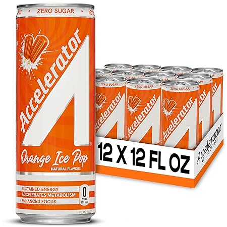Accelerator Energy Drink Sugar Free, Orange Ice Pop 12oz can(12 pack), Zero Sugar Energy Drinks with Sustained Energy from 100% Natural Caffeine (200mg) & Green Tea extract