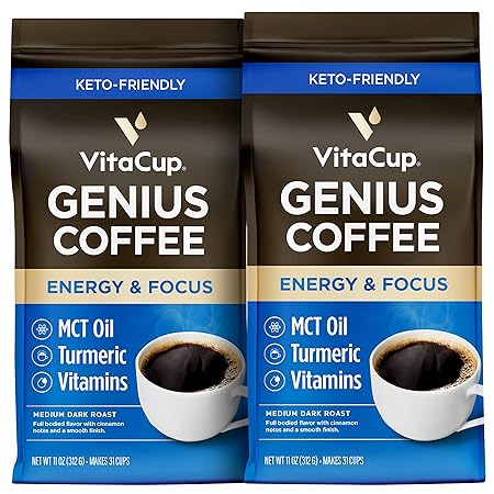 VitaCup Genius Ground Keto Coffee w/Turmeric, MCT Oil, B Vitamins, D3, Ground Coffee Medium Dark Roast, Bold & Smooth, 100% Arabica Coffee Grounds, 2 bags, 11oz each