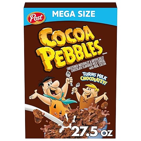 Cocoa PEBBLES Cereal, Chocolatey Kids Breakfast, Gluten Free Rice Crunch, 27.5 oz Mega Size Cereal Box