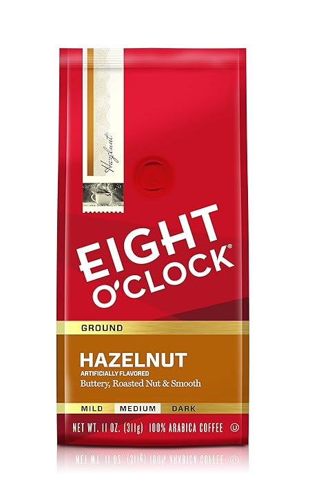 Eight O'Clock Coffee Hazelnut Ground Coffee, Medium Roast, 11 Ounce (Pack of 4) - Buttery, Smooth & Nutty
