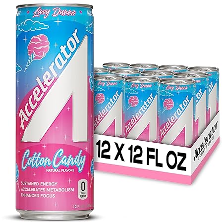 Accelerator Energy Drink Sugar Free, Cotton Candy 12oz can(12 pack) Zero Sugar Energy Drinks with Sustained Energy from 100% Natural Caffeine (200mg) & Green Tea extract