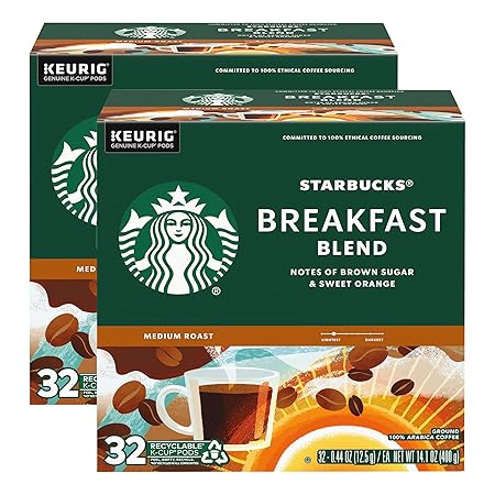 Starbucks Coffee K-Cup Pods, Breakfast Blend, Medium Roast Coffee, Notes of Brown Sugar & Sweet Orange, Keurig Genuine K-Cup Pods, 32 CT K-Cups/Box (32 Count (Pack of 2))