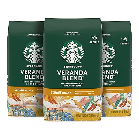 Starbucks Ground Coffee, Starbucks Blonde Roast Coffee, Veranda Blend, 100% Arabica, 3 bags (18 oz each)