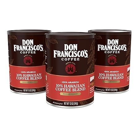 Don Francisco's Premium Hawaiian Blend Ground Coffee, 10% Hawaiian, Rich Flavor, Floral Aroma, Fruity Notes, 3-Pack (12 oz Recyclable Cans)