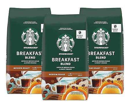 Starbucks Breakfast Blend Coffee (Medium), Whole Bean, 12-Ounce Bags (Pack of 3)