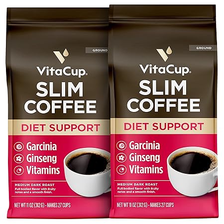 VitaCup Slim Ground Coffee, Diet Support with Ginseng, Garcinia, B Vitamins, Medium Dark Roast, Bold and Smooth,100% Arabica Specialty Coffee Grounds, 2 bags, 11oz each