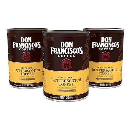 Don Francisco's Butterscotch Toffee Ground Flavored Coffee: Rich 100% Arabica Beans with Sweet Buttery Aroma - Family-Crafted for Delightful Mornings (3 x 12 oz Cans)