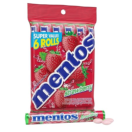 Mentos Strawberry Chewy Mint Candy Roll, Halloween Trick or Treat Taffy Candy Bars, Individually Wrapped Candy for Adults & Kids, 14 Pieces Per Roll, 6 Count Party Pack