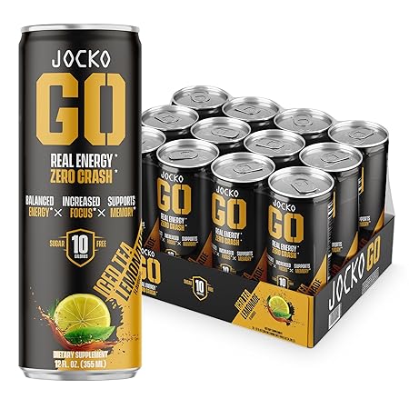 Jocko GO Energy Drink - Keto, Vitamin B12, Vitamin B6, Electrolytes, L Theanine, Magnesium- Energy Boost, Sugar Free Nootropic Monk Fruit Blend - 12 Pack (Iced Tea - Lemonade)