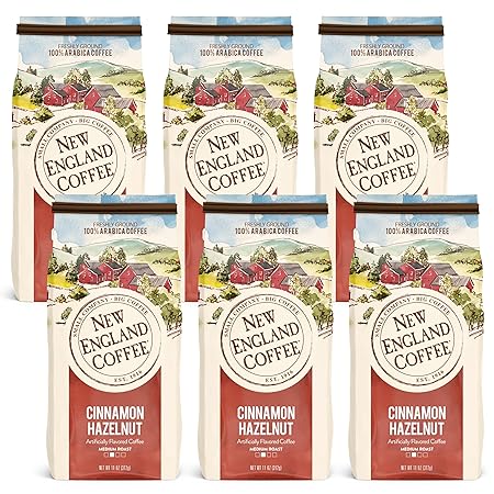 New England Coffee Cinnamon Hazelnut Medium Roast Ground Coffee, 11oz Bag (Pack of 6)