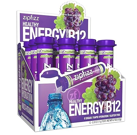 Zipfizz Daily Energy Drink Powder, Grape, 12 Pack | 3-in-1 Sustained Energy, Rapid Hydration, and Essential Vitamins | Sugar-Free | Electrolyte Powder | Contains Vitamin B-12 & Antioxidants