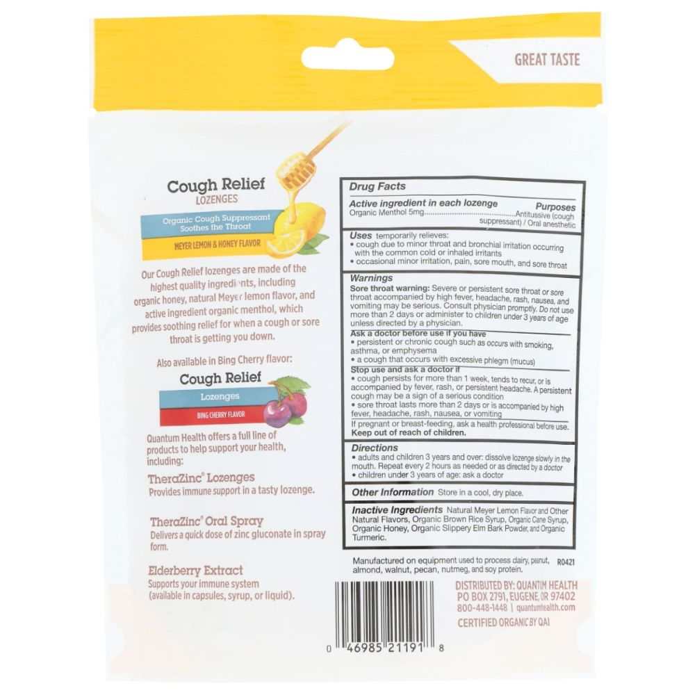 QUANTUM Lozenges Cough Relief Lemon and Honey Organic | 18pcs per pack