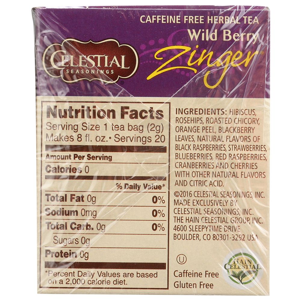CELESTIAL SEASONINGS: Wild Berry Zinger Herbal Tea Caffeine Free 20 Tea Bags, 1.7 oz
