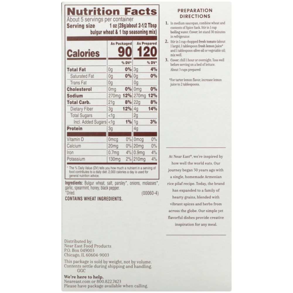 NEAR EAST Tabouleh Mix - Authentic Wheat Salad, 5.25oz |Fresh & Kosher