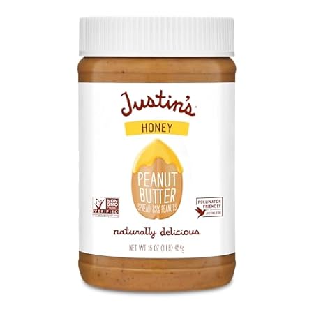 Justin's Honey Peanut Butter 16oz. Jar, Gluten Free, Non-GMO, Responsibly Sourced