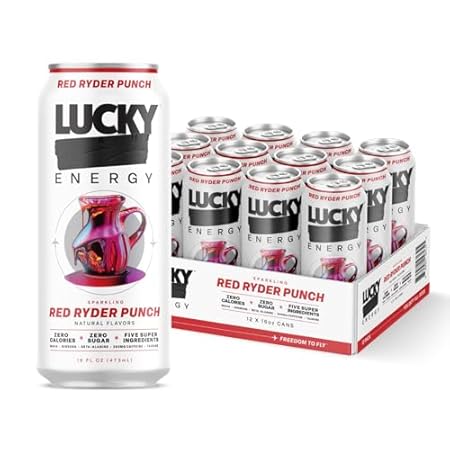 Lucky Energy Sugar Free Energy Drinks 16 Fl Oz Cans (12-Pack) Healthy Energy Drink. Red Ryder Punch with Maca, Ginseng, Taurine, Beta-Alanine, 200mg Caffeine (Packaging may vary).