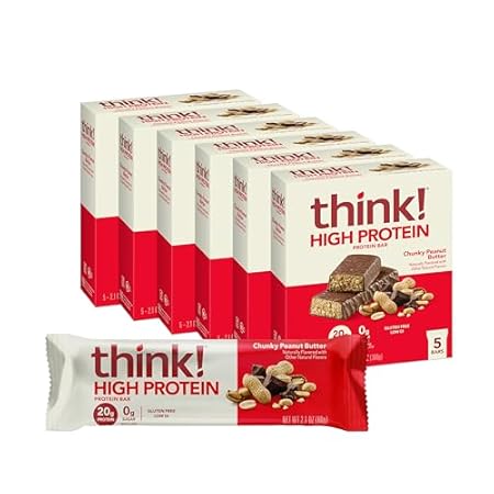 think! Protein Bars, High Protein Snacks, Gluten Free, Kosher Friendly, Chunky Peanut Butter, Nutrition Bars, 2.1 Oz per Bar, 30 Count (Packaging May Vary)