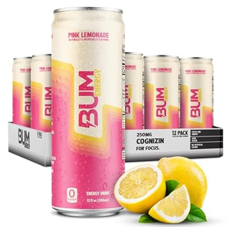BUM Sugar-Free Energy Drink, Pink Lemonade - Lightly Carbonated & No Artificial Colors, Natural Caffeine & Citicoline for Energy & Focus, Brain Boost & Workout Sports Beverage - 12 oz, Pack of 12