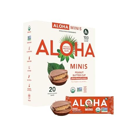 ALOHA Organic Plant Based Protein Bar MINIS |Peanut Butter Cup | 20 Count, 24g Bars | Vegan, Low Sugar, Gluten Free, Low Carb, Non-GMO, Stevia Free, Soy Free, No Sugar Alcohols