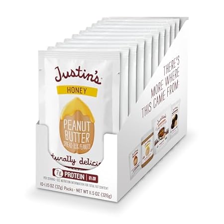Justin's Honey Peanut Butter Squeeze Packs, Gluten-free, Non-GMO, Responsibly Sourced, Pack of 10 (1.15oz each)