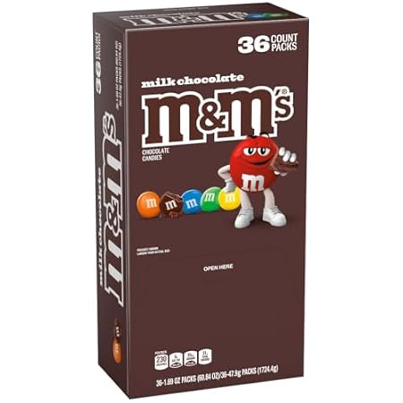 M&M'S Milk Chocolate Candy, Full Size 1.69 oz Bag, Pack of 36 Bulk Candy Chocolate