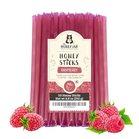 The Honey Jar Raspberry Flavored Honey Sticks - Pure Honey Straws For Tea, Coffee, or a Healthy Treat - One Teaspoon of Flavored Honey Per Stick - Made In The USA with Real Honey - (50 Count)