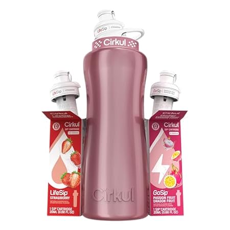 Cirkul 32oz. Rose Gold Stainless Steel Water Bottle Starter Kit with Rose Gold Lid and 2 Flavor Cartridges (1 LifeSip Strawberry, 1 GoSip Passion Fruit Dragon Fruit) No Sugar, Zero Calorie Drink Mix