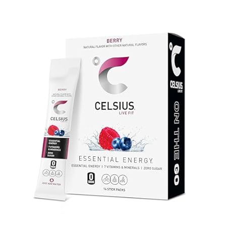 CELSIUS On-the-Go Powder Stick Packs, Zero Sugar (14 Sticks per Pack), Berry, 2.5 Ounce, (Pack of 14)