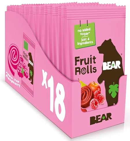 BEAR Real Fruit Snack Rolls - Gluten Free, Vegan, and Non-GMO - Raspberry – 36 Rolls, Healthy School And Lunch Snacks For Kids And Adults, 0.7 Ounce (Pack of 18)