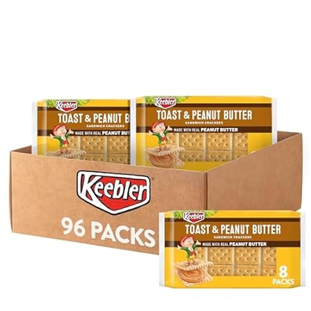 Keebler Sandwich Crackers, Single Serve Snack Crackers, Office and Kids Snacks, Toast and Peanut Butter (12 Trays, 96 Packs)