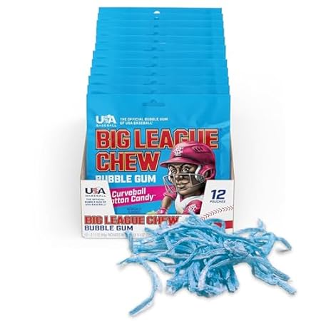 Big League Chew Curveball Cotton Candy Bubble Gum - Tasty Cotton Candy Delight | Ideal for Baseball Games, Teams, Concessions, Parties, and More | Pack of 12 Bags (2.12oz Each)
