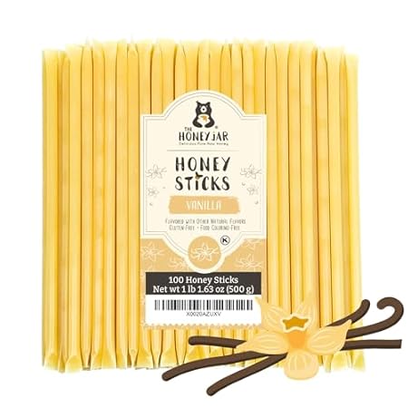 The Honey Jar Vanilla Flavored Honey Sticks - Pure Honey Straws For Tea, Coffee, or a Healthy Treat - One Teaspoon of Flavored Honey Per Stick - Made In The USA with Real Honey - (100 Count)