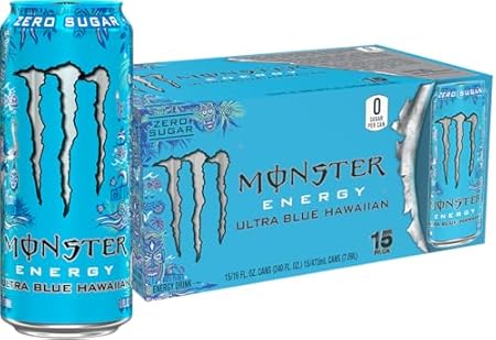 Monster Energy Ultra Blue Hawaiian, Sugar Free Energy Drink, 16 Ounce (Pack of 15)