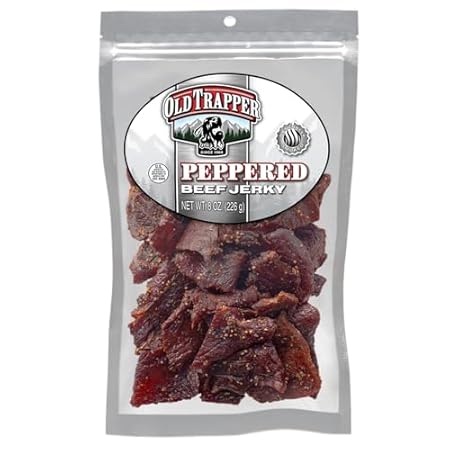 Old Trapper Beef Jerky, Peppered 8 Ounce Pack, Spicy Meat Snacks for Lunches or Between Meals, 11 Grams of Protein, Zero Grams of Fat, and 70 Calories per Serving (Pack of One)