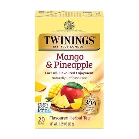 Twinings Mango & Pineapple Herbal Tea Individually Wrapped Bags, 20 Count (Pack of 1), Naturally Caffeine-Free, Enjoy Hot or Iced, 20 Teabags