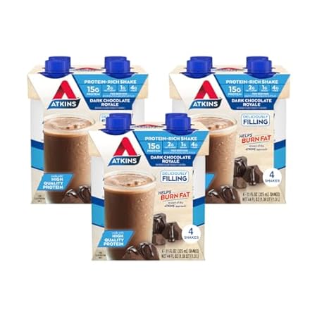 Atkins Dark Chocolate Royale Protein Shake, High Protein Shakes, Low Glycemic, Low Carb and Low Sugar Chocolate Flavored Protein Shakes, Keto Friendly, 12 Count
