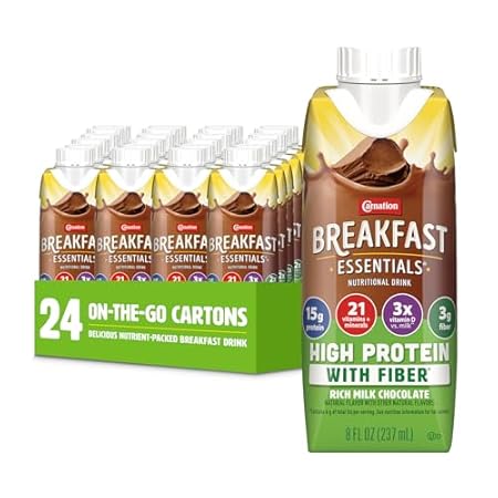 Carnation Breakfast Essentials High Protein with Fiber Ready-to-Drink 8 FL OZ Carton, Rich Milk Chocolate 8 Fl Oz (Pack of 24) (Packaging May Vary)