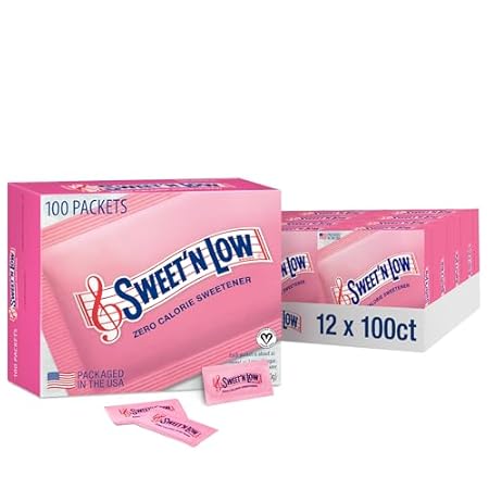 Sweet'N Low Zero Calorie Sweetener Packets, 100 Ct Box, 12 Pack, Kosher & Gluten Free, Low Glycemic Index, Individual Tea and Coffee Sweetener Packets